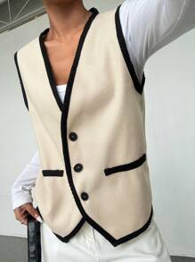 Lunelith SHEIN Lunessa Parte superior informal con botones en el frente, sin mangas, con bolsillo y ribete de contraste, para uso diario