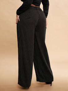 SHEIN BAE Plus Size Women Autumn/Winter Striped Pleated Wide Leg Loose Casual Pants - Black - View 2