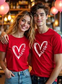 SHEIN Essnce Heart & Letter Combination Graphic Casual Loose Fit Crew Neck Short Sleeve Women T-Shirt - Red - View 7