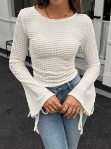 Chiquease Women Textured Fabric Ruched Tie-Waist Flare Sleeve T-Shirt Fall Cloth For Women - Apricot - View 1