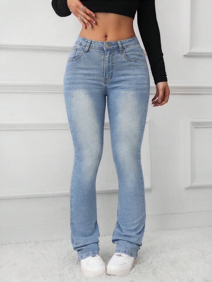 SHEIN Tall Quần Jeans Skinny Ống Loe Lưng Thấp Màu Xanh Denim Giặt Gợi Cảm Cho Nữ - Rửa nhẹ - Xem 1