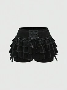 ROMWE Goth Pantalones cortos con falda de terciopelo estilo retro oscuro para el Día de San Valentín, con lazo en la cintura y forro, antideflagrantes, talla grande para mujeres