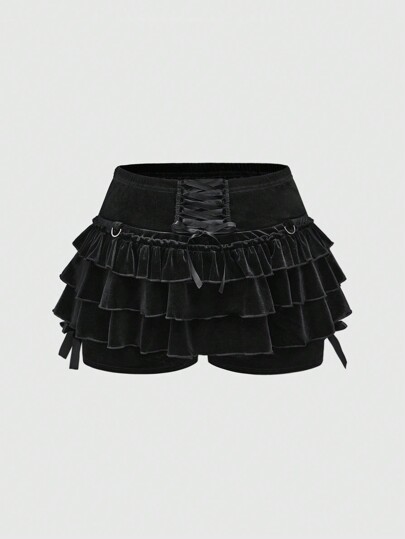 Goth Pantalones cortos con falda de terciopelo estilo retro oscuro para el Día de San Valentín, con lazo en la cintura y forro, antideflagrantes, talla grande para mujeres