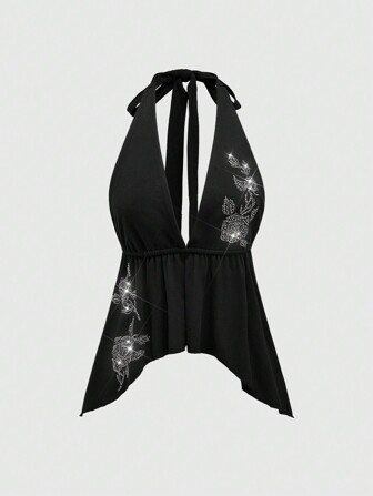 Fairycore Damen Y2K Sexy Vintage Rosenstickerei & Strass Dekor Neckholder Camisole