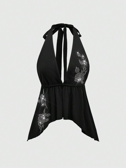 Fairycore Camiseta de tirantes mujer con cuello halter, bordado de rosa vintage y decoración de rhinestones, estilo Y2K sexyz