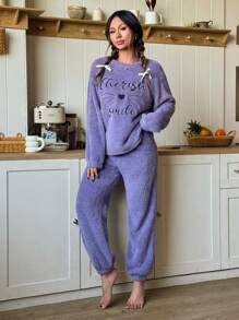 SHEIN 2 件套青少年女孩卡通刺绣图案圆领长袖运动衫和柔软羊毛睡裤，舒适家居服套装，适合秋冬季 - 紫色 - 查看 3