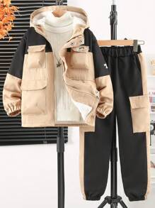 Tween Boys Outdoor Patchwork Wind-Resistant Workwear Casual Jacket And Pants Set - Khaki - View 8