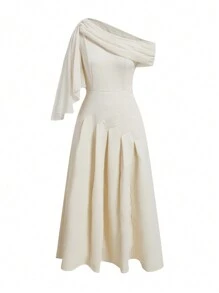 Modelyn Ladies' Plain Simple Everyday Oblique-Shoulder Dress - Apricot - View 1