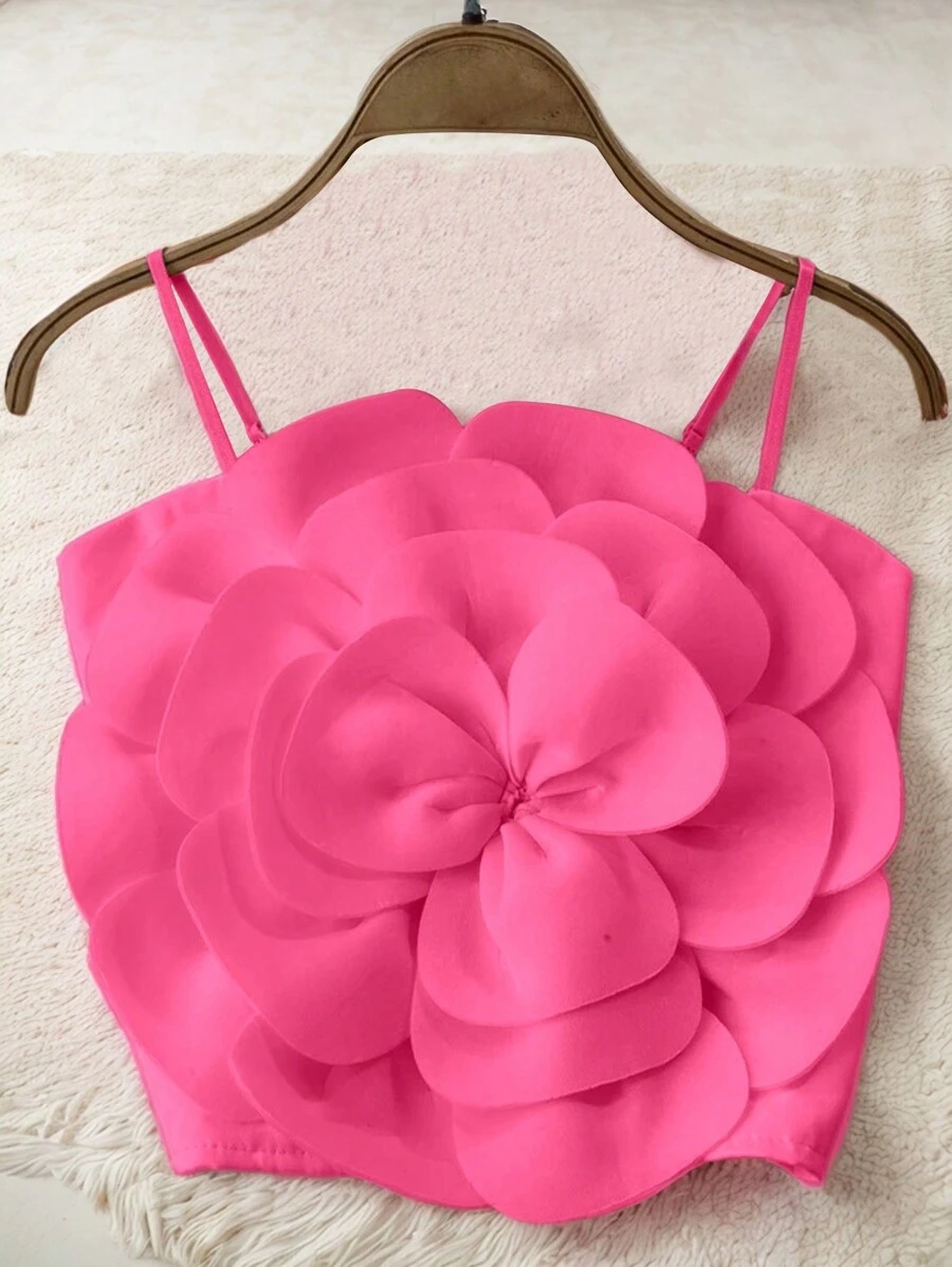 INAWLY Women Fashionable 3D Floral Cropped Camisole Top, Summer - Hot Pink - View 1