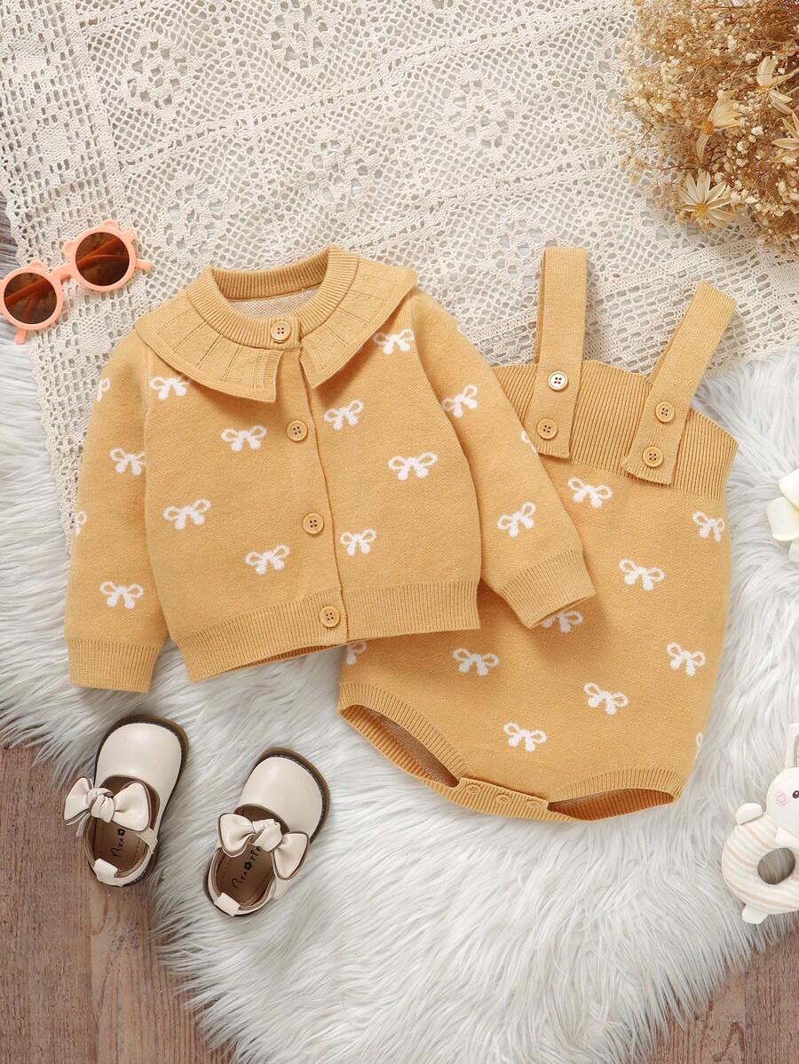 2pcs/Set Baby Girls' Ruffle Collar Long Sleeve Bodysuit, Suspender Bodysuit & Cardigan Set, - Yellow - View 1