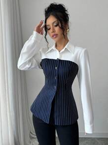 Selianne Autumn Elegant Office Commute Single-Breasted 2 In 1 Striped Shirt Fall Cloth For Women - Multicolor - View 4