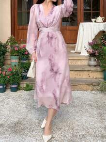 DAZY 女士V领长袖印花休闲连衣裙，日常/休闲穿着，秋季度假装扮 - 紫色 - 查看 4