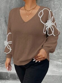 SHEIN Unity Plus Size Women V-Neck Floral Embroidered Relaxed Fit Pullover Sweater For Autumn And Winter Knit Pullover Fall - Brown - View 7