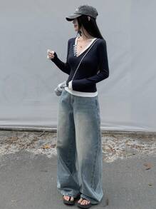 DAZY Women's V-Neck Drop Shoulder 2 In 1 Ruched Long Sleeve Layering Top,Fall Women Clothes - Navy Blue - View 3