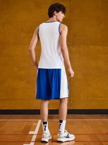 Gym Rark Boyfriend Style Men's Solid Color Patchwork Round Neck Sleeveless Simple Vest And Shorts Sports Suit Gym Set Workout Set - Multicolor - View 2