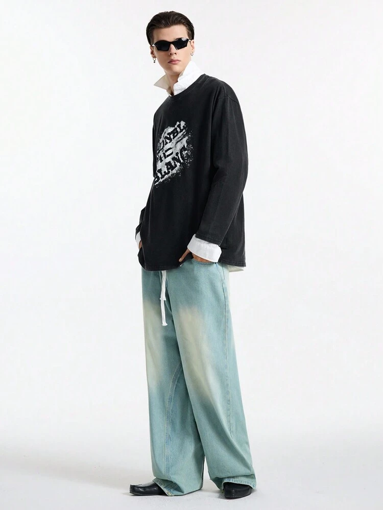 Men's Graphic Print Knit Crew Neck Casual T-Shirt, Street Style