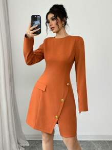 Elenzga Vestido Curto Elegante Feminino Estilo Francês de Cor Sólida, Decote Redondo, Cinturado, Modelo A-line, com Decoração de Flor de Metal 3D, Adequado para Ir ao Trabalho, Uso Casual, Férias, Dia dos Namorados, Outono/Inverno - Marrom - Visão 1