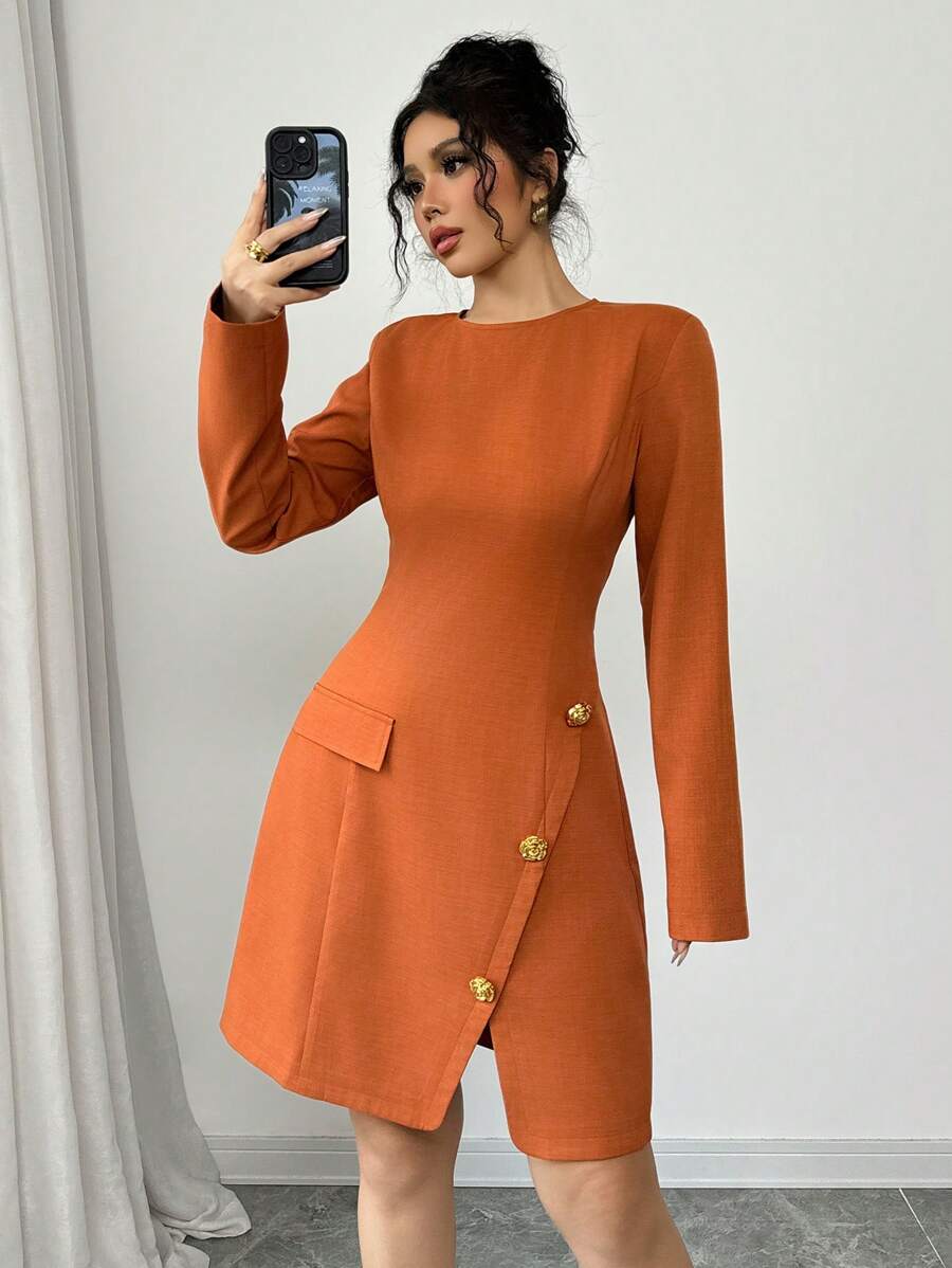 Elenzga Vestido Curto Elegante Feminino Estilo Francês de Cor Sólida, Decote Redondo, Cinturado, Modelo A-line, com Decoração de Flor de Metal 3D, Adequado para Ir ao Trabalho, Uso Casual, Férias, Dia dos Namorados, Outono/Inverno - Marrom - Visão 1