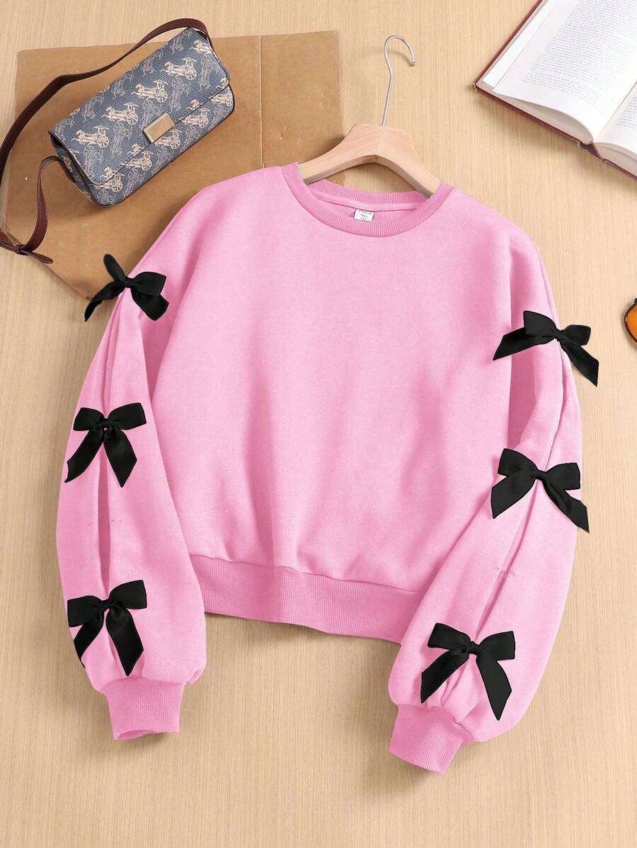 SHEIN Roupa rosa para meninas adolescentes dia dos namorados/ano novo, malha lisa manga laço enfeitado solto casual gola redonda moletom
