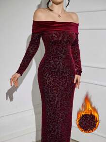 Modelyn 勃艮第红色 1 件优雅天鹅绒花卉印花长袖紧身连衣裙长款女士装长款晚礼服