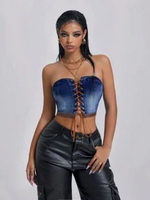 SHEIN ICON Damen Jeans Crop Top mit Schleife, stilvoll und sexy - Blau - Übersicht 3