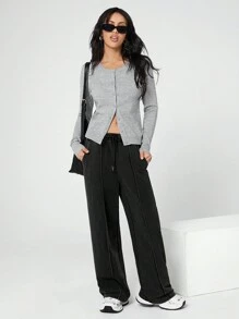 SHEIN EZwear Women's Drawstring Waist Straight Leg Loose Sweatpants, Washing And Distressing Process - Black - View 6