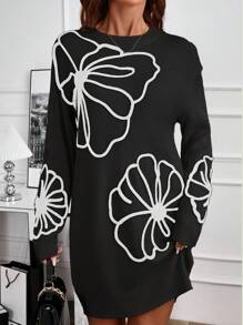EMERY ROSE Women Embroidered Round Neck Long Sleeve Sweater Dress