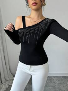 SHEIN Unity Asymmetrical Neck Rhinestone Decor Pullover Sweater, Elegant Women's Top For Autumn/Winter Knit Pullover Fall - Black - View 6