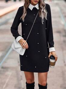 SHEIN PETITE 女士拼色泡泡装饰迷你连衣裙