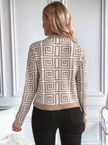SHEIN LUNE Women Geometric Pattern Long Sleeve Cardigan, Single Breasted Fall Cloth For Women - Beige - View 2