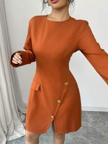 Elenzga Vestido Curto Elegante Feminino Estilo Francês de Cor Sólida, Decote Redondo, Cinturado, Modelo A-line, com Decoração de Flor de Metal 3D, Adequado para Ir ao Trabalho, Uso Casual, Férias, Dia dos Namorados, Outono/Inverno - Marrom - Visão 6