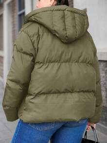 SHEIN Cottnline Plus Size Solid Long Sleeves Zip Up Hooded Padded Coat - Army Green - View 2