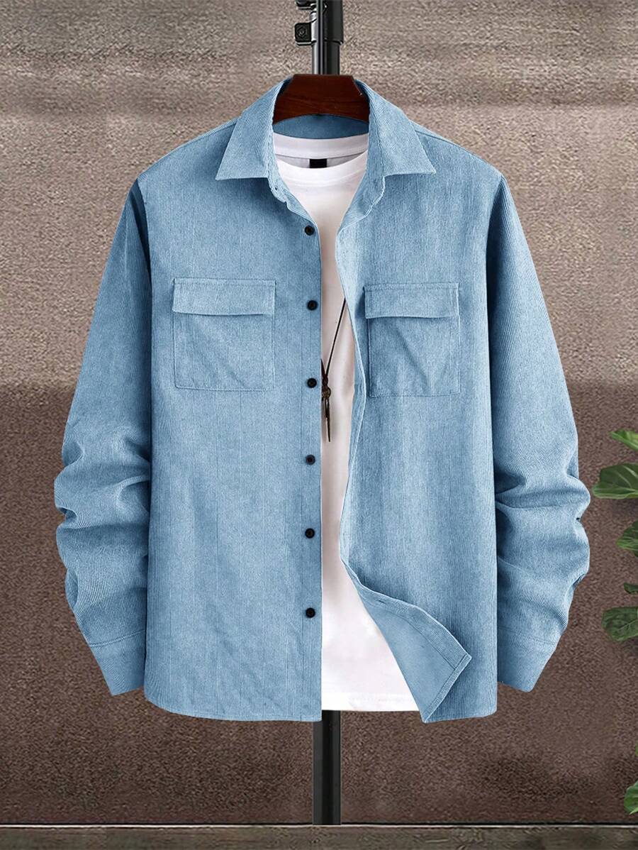 Manfinity Homme Camisa de Manga Longa de Cor Sólida, Moda Minimalista Casual para Uso Diário, para Outono e Inverno - Azul bebê - Visão 1