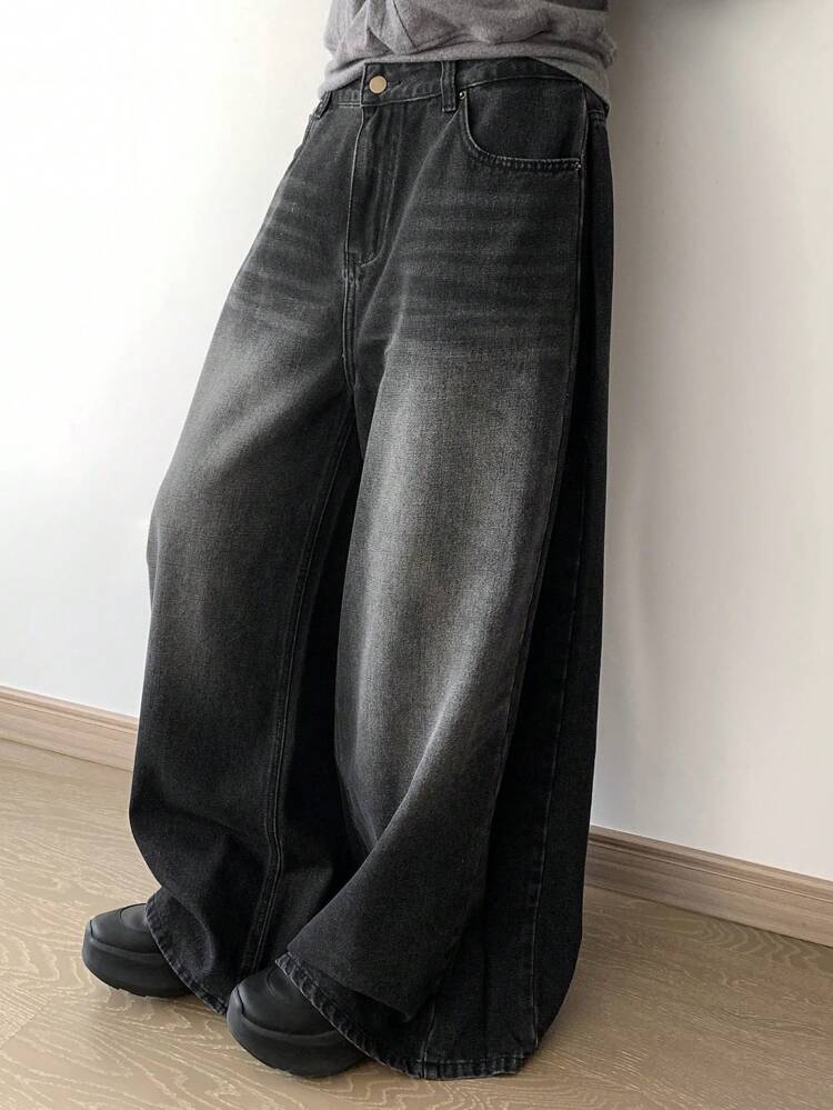Women's Casual Street Style Wrinkled Loose Wide Leg Jeans,Baggy Jeans Fall,Winter