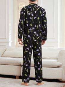 CoupledUp بدلة بيجامة للرجال، متكونة من ملابس علوية كم طويل أحادية الصدر وبنطلون مطبوع بطبعة الزهور التوليب