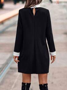 SHEIN PETITE 女士拼色泡泡装饰迷你连衣裙