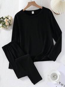 SHEIN Set de 2 piezas de ropa interior térmica de manga larga y pantalón largo a juego en color negro, para adolescentes - Negro - Ver 6