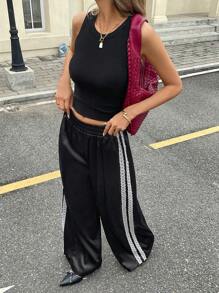 SHEIN Essnce 女士休闲街头时尚撞色蕾丝松紧腰侧袋宽松阔腿裤 - 黑色 - 查看 4