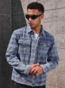 Manfinity LEGND Men's Front Button Long Sleeve Pocket Plaid Casual Denim Jacket - Light Wash - View 5