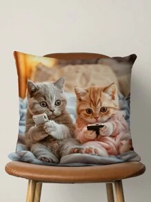 1pc Cute Cat Pattern Pillow Cover, 100% Polyester, Zipper Closure, No Filling, Suitable For Living Room, Bedroom And Dining Room Decor - Multicolor - View 2