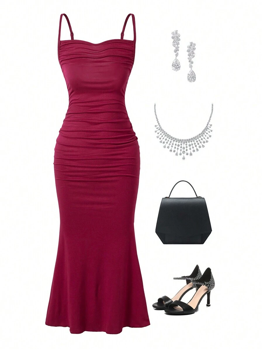 SHEIN 青少年女孩紧身针织细肩带鱼尾裙，优雅 V 领连衣裙，新年夜服装 - 紅色 - 查看 1