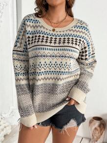 SHEIN LUNE Plus Size Jacquard Knit Crew Neck Sweater, Casual Everyday Wear - Multicolor - View 3