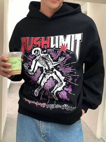 Manfinity Dauomo Men's Casual Skull & Letter Print Hoodie Sweatshirt For Autumn - Black - View 3