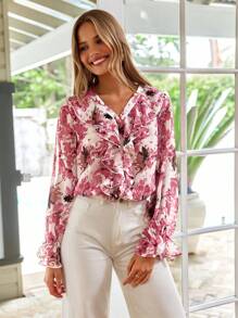 SHEIN VCAY 荷葉邊花卉上衣 - 彩色 - 查看 5