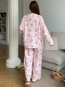 DAZY Cute Plaid & Cartoon Full Print Pajama Set - Pink - View 2