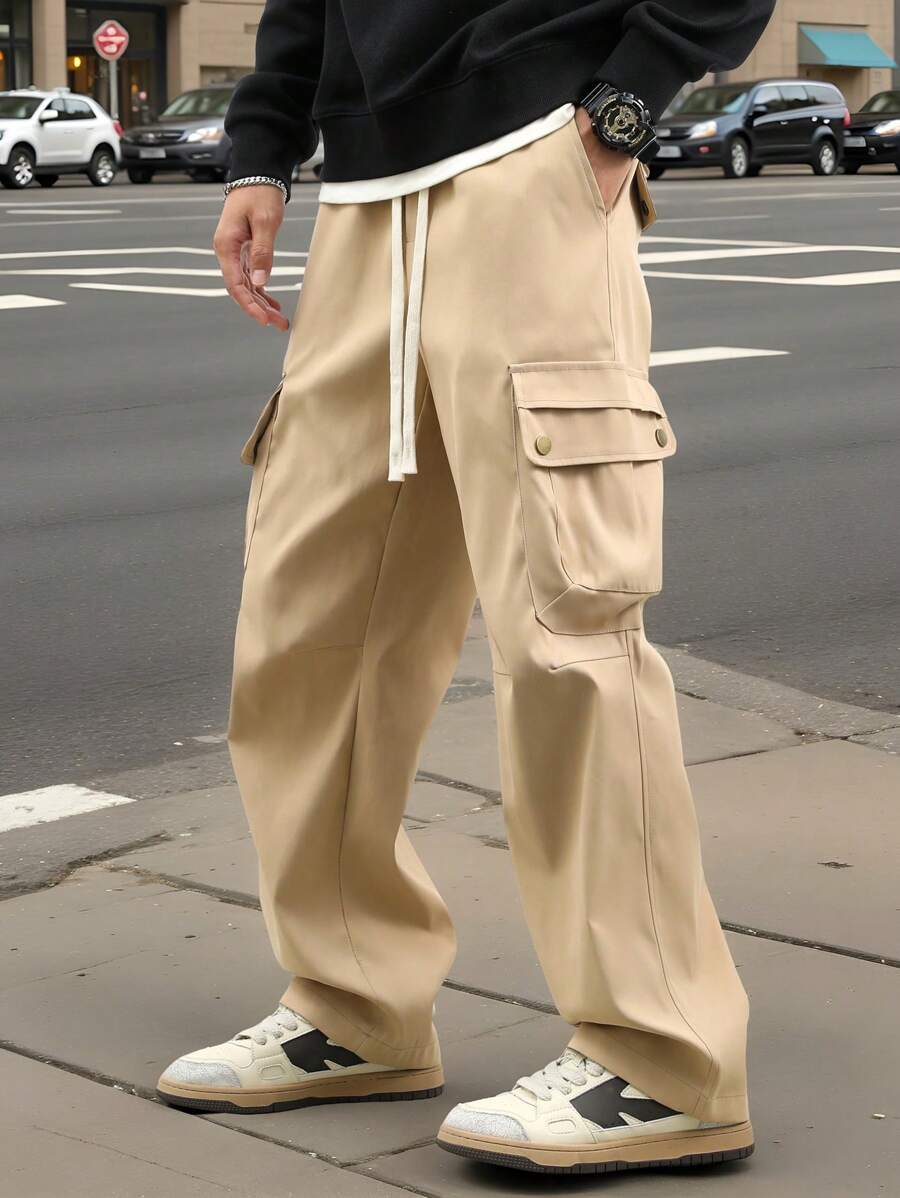 Claim Dot Men's Casual Versatile Solid Color Cargo Pants - Khaki - View 1