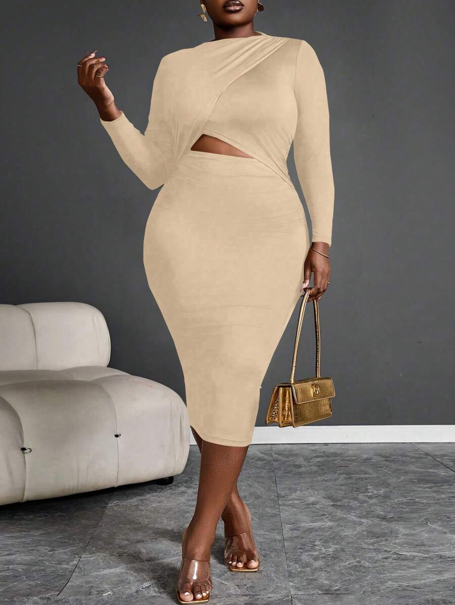 Maweii 大码纯色长袖镂空休闲性感收腰修身连衣裙