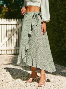 SHEIN VCAY Falda cruzada con estampado floral con nudo lateral