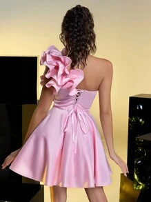 Lovelzi Elegant Pink Satin Ruffles Asymmetrical Neck Princess Dress,Adjustable Straps Wedding Guest Cocktail Bachelorette Party Prom Valentine's Day - Pink - View 8
