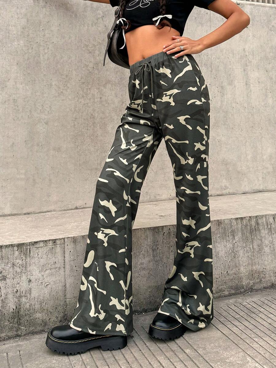 INAWLY Damen einfache bedruckte Lange Hose mit Vorderteil Knoten, Lässiger Alltagsalltag Tragen